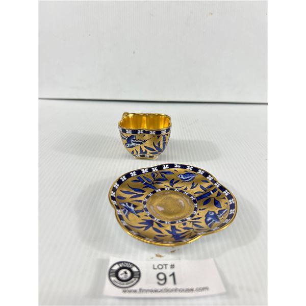 Antique Coalport Miniature Blue Bird Cup & Saucer Circa 1880 Very Rare Some Gold Wear on the Saucers