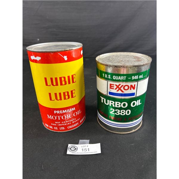 Vintage Lubie Lube, Hub Oil Co. Ltd. Calgary, Alberta Tin w/Contents & Exxon Turbo Oil Tin w/Content