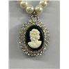 Image 2 : Vintage Pearl Necklace with Sparkling Rhinestone Surrounded Oval Cameo Pendant