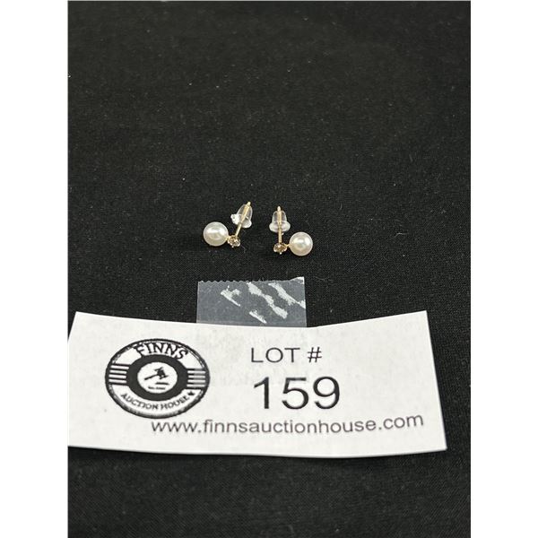 Lovely Dainty 14k Gold with Genuine White Pearl & Tiny DiamondStud Earrings