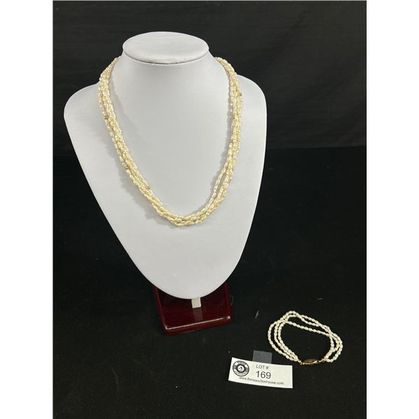 Vintage Quartriple Strand Freshwater Pearl with Gold Beads Necklace and Triple Strand Bracelet Set