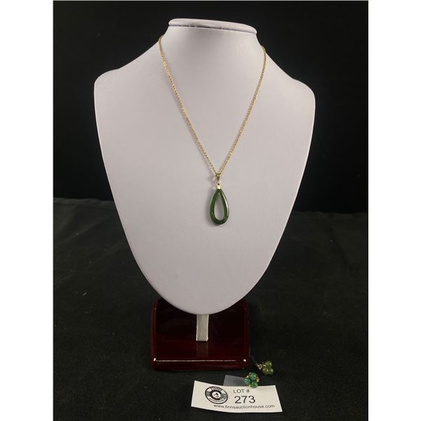 Vintage Dark Green BC Jade Pendant with Chain& Pair of BC Studs Earrings