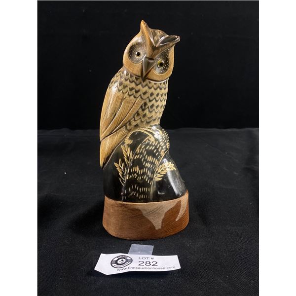 Vintage Carved Horn Owl Sculpture well Done 7  Height Good Condition, Mounted on Wood Base