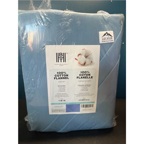 Lot of 1 BHT Bed Sheet & Duvet Cover Set - 100% Cotton Flannel - Blue - Twin Size