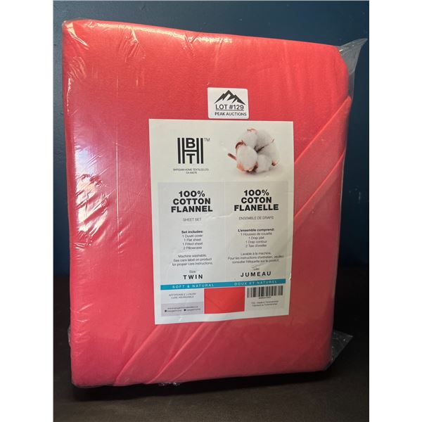 Lot of 1 BHT Bed Sheet & Duvet Cover Set - 100% Cotton Flannel - Coral Pink - Twin Size