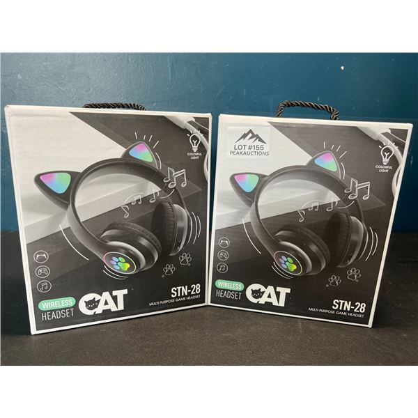Lot of 2 Cat Ears/Kity Ear Wireless Headphones w/ LED Light - Black