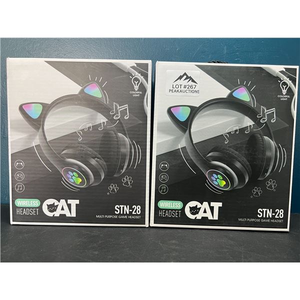 Lot of 2 Cat Ears/Kity Ear Wireless Headphones w/ LED Light - Black