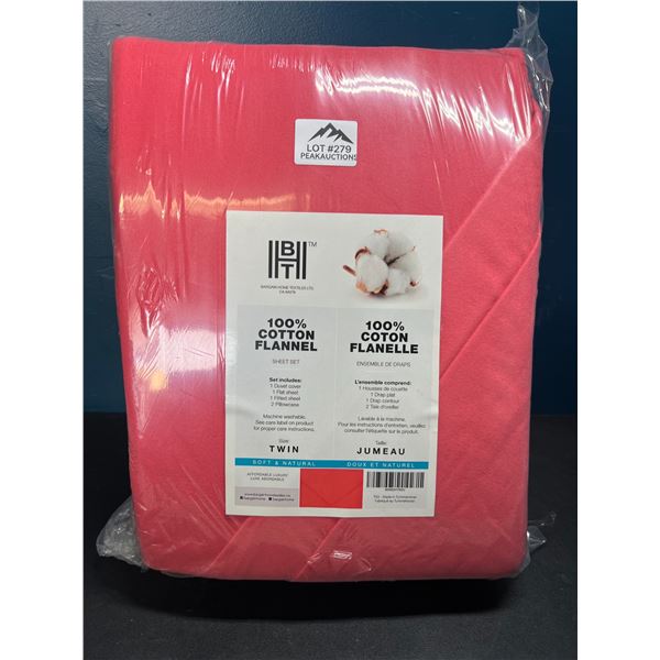 Lot of 1 BHT Bed Sheet & Duvet Cover Set - 100% Cotton Flannel - Coral Pink - Twin Size