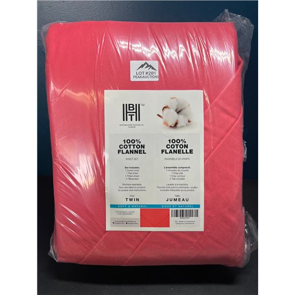 Lot of 1 BHT Bed Sheet & Duvet Cover Set - 100% Cotton Flannel - Coral Pink - Twin Size