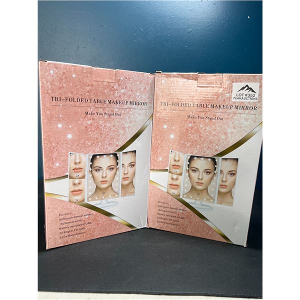 Lot of 2 Tri-Fold Out LED Light-Up Makeup/Beauty Mirrors w/ 2-3x Magnification