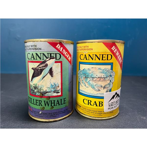 Lot of 2 Vintage Canned Novelty Stuffed Toys - Crab & Killer Whale
