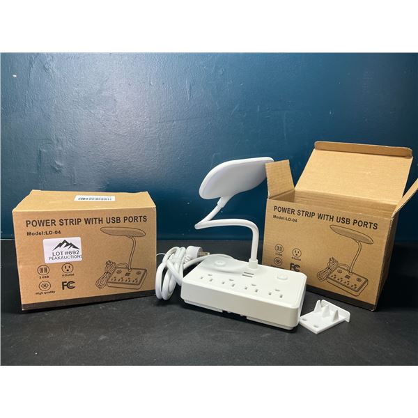 Lot of 2 Multi-Outlet Power Strips w/ USB Ports & LED Light