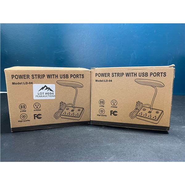 Lot of 2 Multi-Outlet Power Strips w/ USB Ports & LED Light
