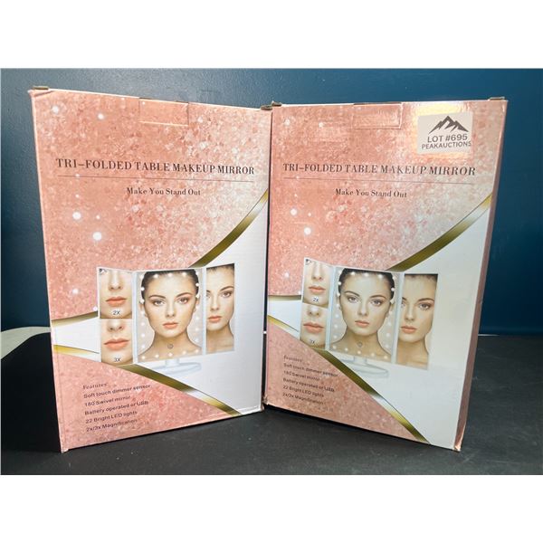 Lot of 2 Tri-Fold Out LED Light-Up Makeup/Beauty Mirrors w/ 2-3x Magnification