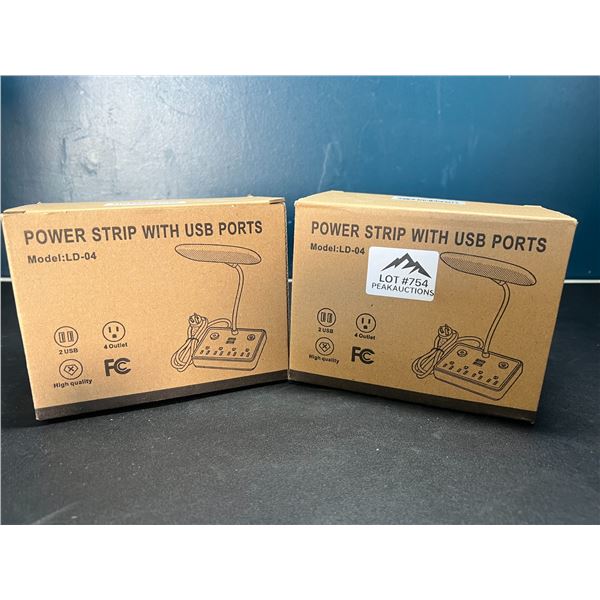 Lot of 2 Multi-Outlet Power Strips w/ USB Ports & LED Light