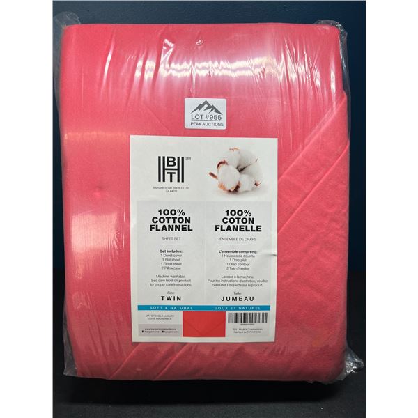 Lot of 1 BHT Bed Sheet & Duvet Cover Set - 100% Cotton Flannel - Coral Pink - Twin Size