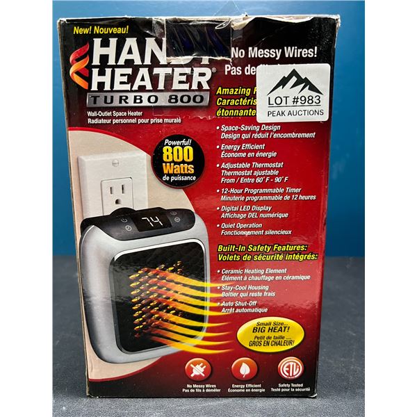 Lot of 1 Handy Heater Turbo 800 Space Saving Wall-Outlet Space Heater