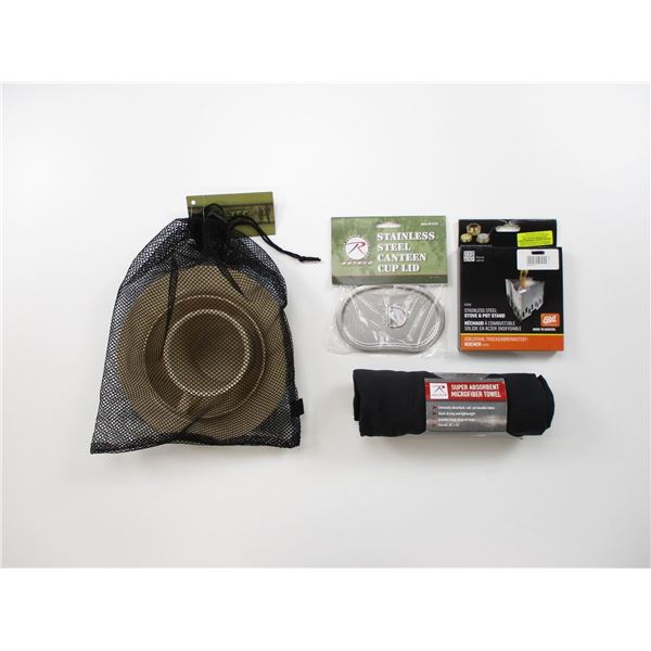 CAMP DISHES, STOVE & POT STAND ETC