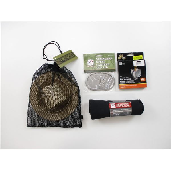 CAMP DISHES, STOVE & POT STAND ETC