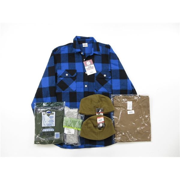 ROTHCO EXTRA HEAVY WEIGHT FLANNEL SHIRT, SIZE LARGE, SGS T-SHIRT, SIZE LARGE, SPORTSMAN THERMAL BOTT
