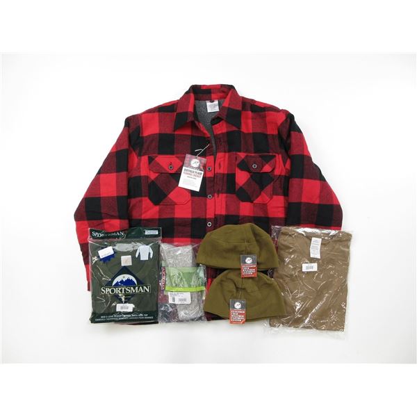 ROTHCO BUFFALO PLAID FLANNEL JACKET SHERPA LINED, SIZE LARGE, SGS T-SHIRT, SIZE LARGE, SPORTSMAN THE