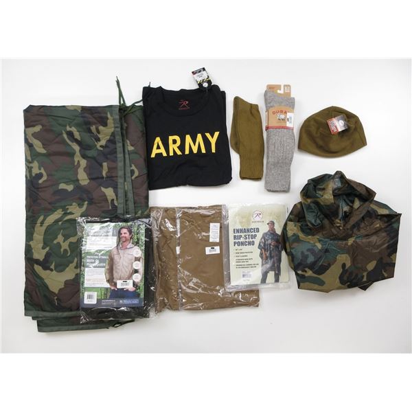 ROTHCO RIP-STOP PONCHO, ONE SIZE, BELL OUTDOORS MOSQUITO JACKET, SIZE LARGE, SGS T-SHIRT, SIZE LARGE