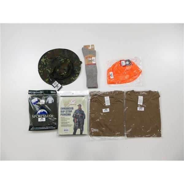 ROTHCO RIP-STOP PONCHO, ONE SIZE, SGS T-SHIRT, SIZE LARGE, SPORTSMAN THERMAL LONG SLEEVE TOP, SIZE L