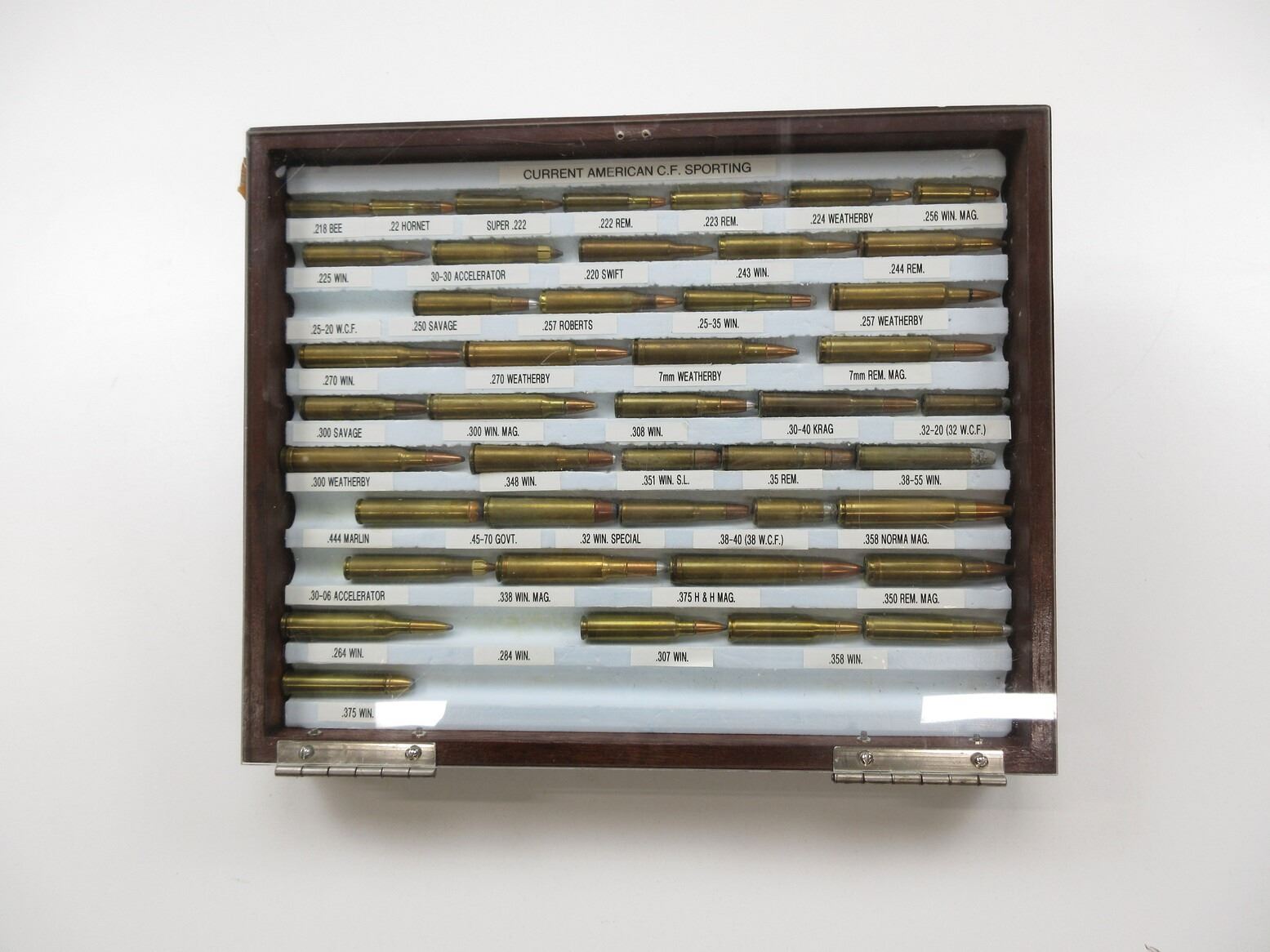 Display Military Rounds ASSORTED MILITARY AMMO WITH WOODEN DISPLAY CASE