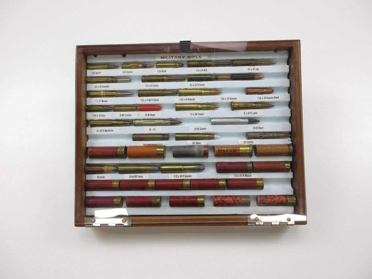 Display Military Rounds ASSORTED MILITARY AMMO WITH WOODEN DISPLAY CASE