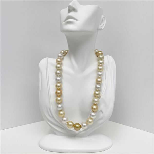 14-15mm South Sea White and Golden Round Pearl Necklace with Gold Clasp