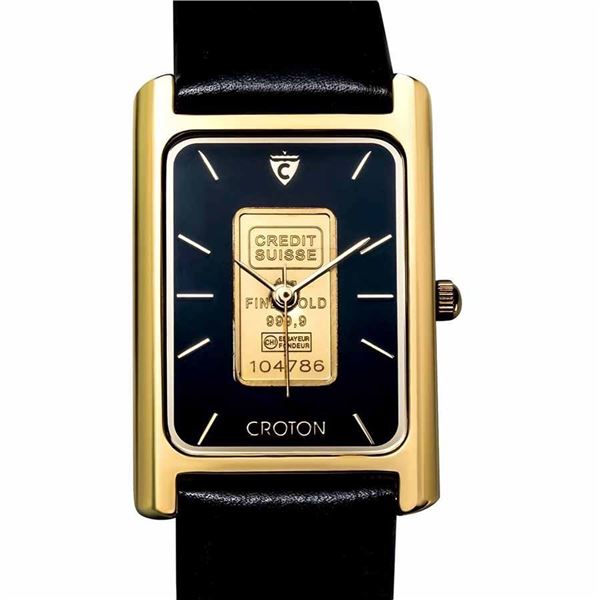 Men's 1 gram 24K Gold Ingot Credit Suisse Grain Leather Band Watch (Black)
