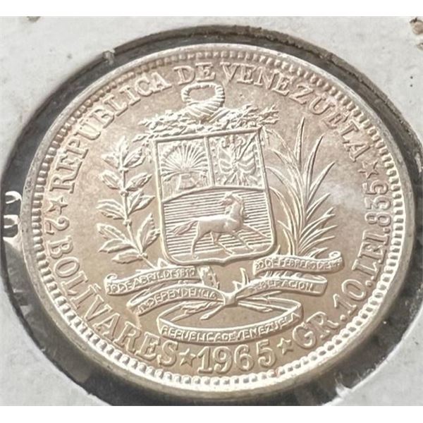 VENEZUELA 2 DOS BOLIVARES 1965 SILVER COIN 835% A/UNCIRCULATED
