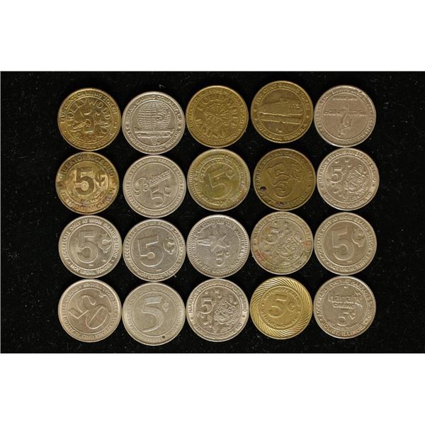 20 ASSORTED FIVE CENT GAMING TOKENS: HOLLYWOOD