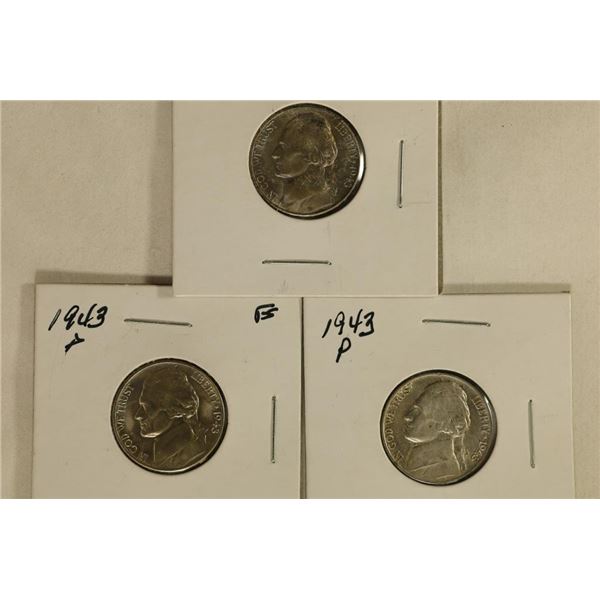 3 JEFFERSON SILVER WAR NICKELS 1943-P (BU), 1943-S