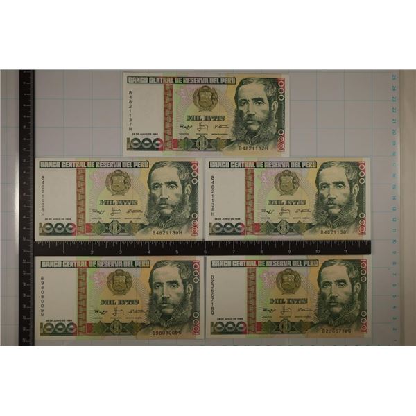 5-1991 PERU 1000 INTIS CRISP UNC BILLS.  3 ARE