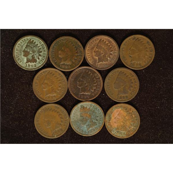 10-ASSORTED INDIAN HEAD CENTS: 1892-1899,