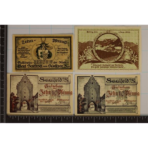 4 GERMAN 1920/1921 NOTGELDS: 3-10 PFENNIGS & 1-30