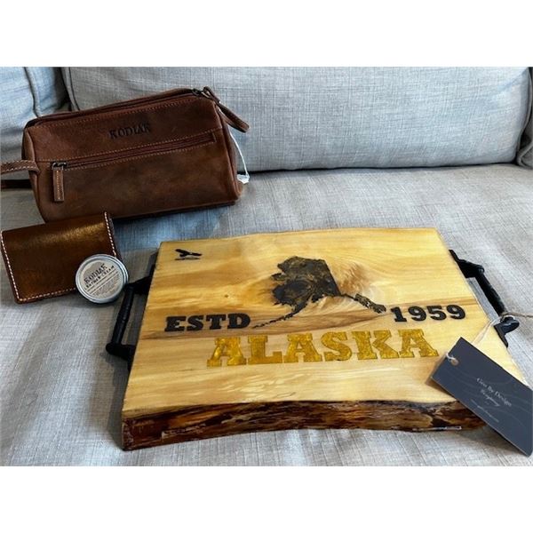 Alaska charcuterie board and Kodiak Leather toiletry case!
