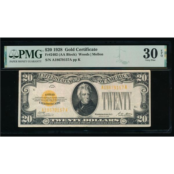 1928 $20 Gold Certificate PMG 30EPQ