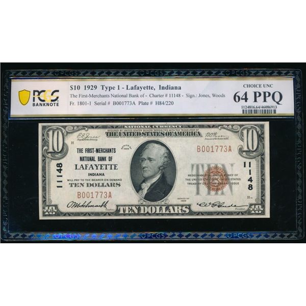 1929 $10 Lafayette IN National PCGS 64PPQ