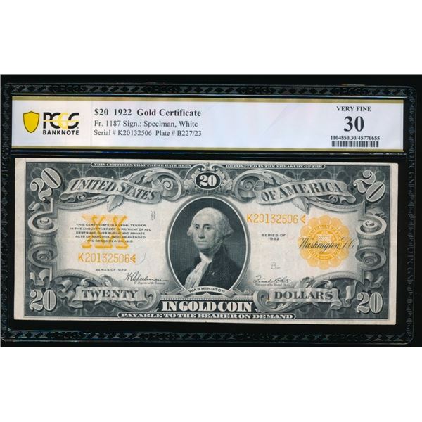 1922 $20 Gold Certificate PCGS 30