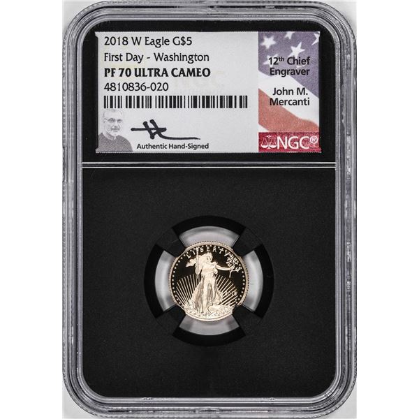 2018-W Proof $5 American Gold Eagle Coin NGC PF70 Ultra Cameo Mercanti Signed FD