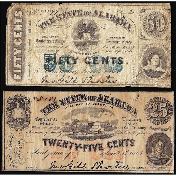 Lot of (2) 1863 25/50 Cents State of Alabama, Montgomery Obsolete Notes