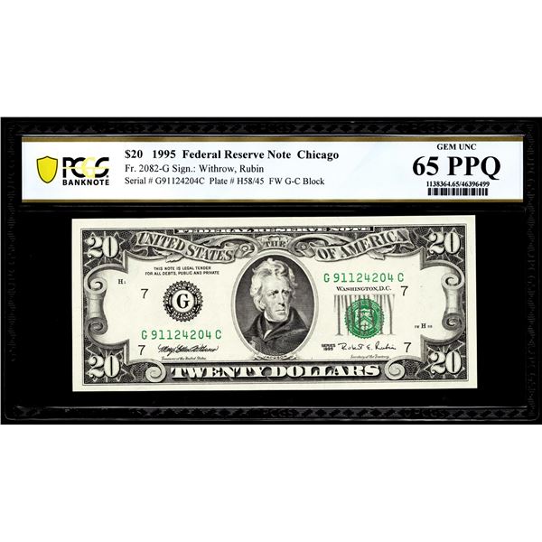 1995 $20 Federal Reserve Note Chicago Fr.2082-G PCGS Gem Unci 65PPQ