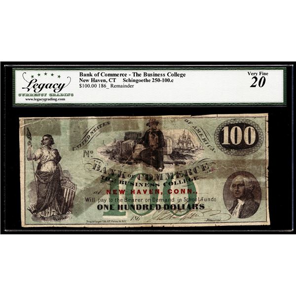 1860's $100 Bank of Commerce Business College New Haven, CT Note Legacy Very Fine 20