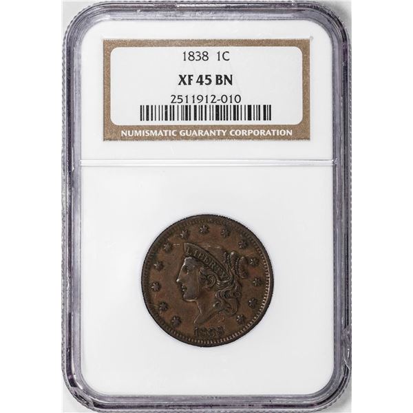 1838 Coronet Head Large Cent Coin NGC XF45BN