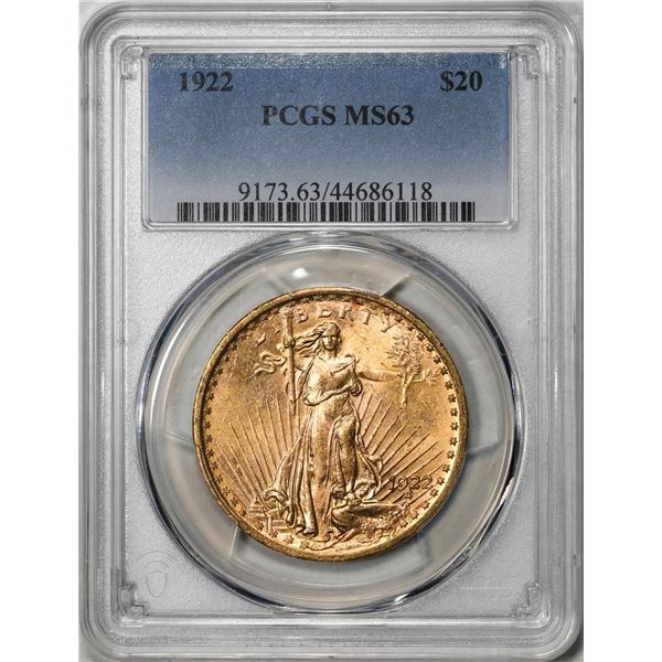 1922 $20 Liberty Head Double Eagle Gold Coin PCGS MS63