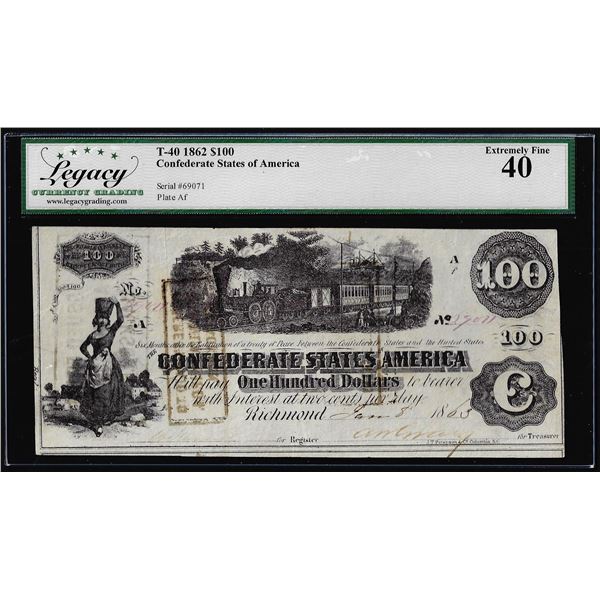 1862 $100 Confederate States of America Note T-40 Legacy Extremely Fine 40