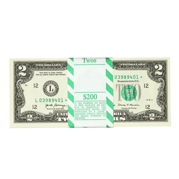 Pack of (100) Consecutive 2017A $2 Federal Reserve Star Notes San Francisco
