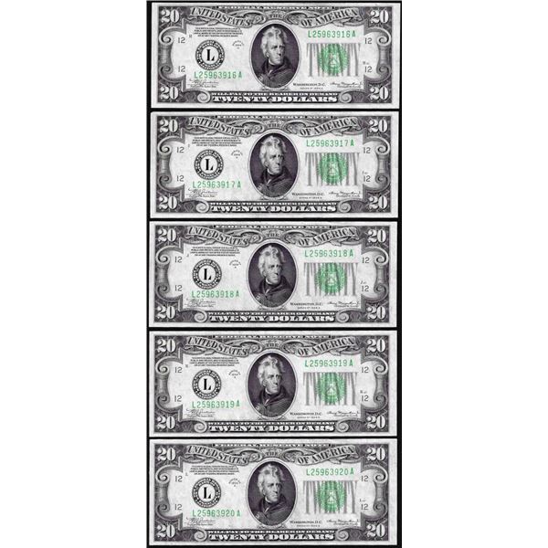 Lot of (5) Consecutive 1934A $20 Federal Reserve Notes San Francisco